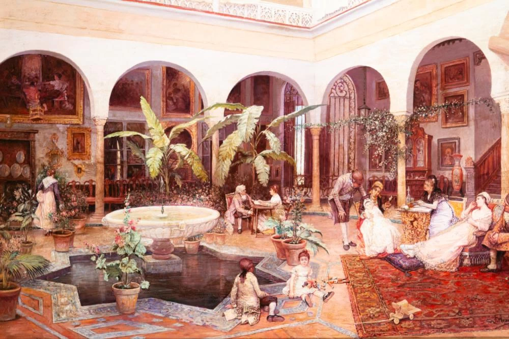 Interno del patio con personaggi